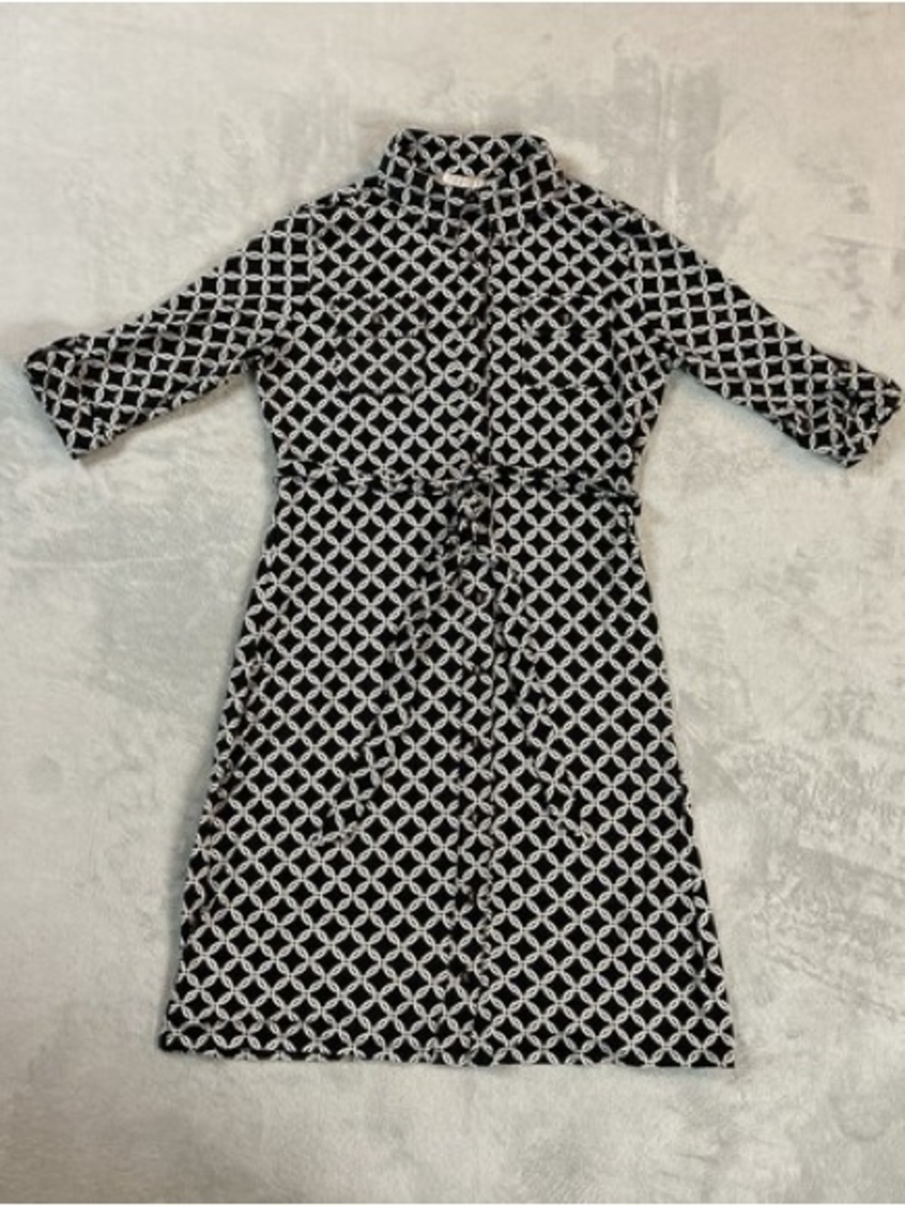 Charter Club Black and White Geometric Midi Shirt Dress with Tie